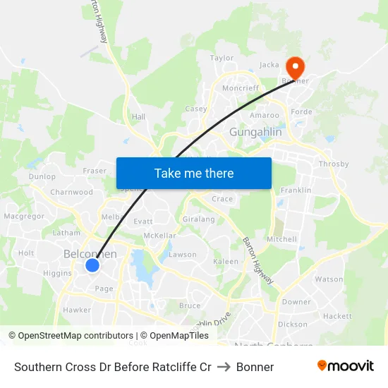 Southern Cross Dr Before Ratcliffe Cr to Bonner map