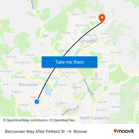 Belconnen Way After Petterd St to Bonner map