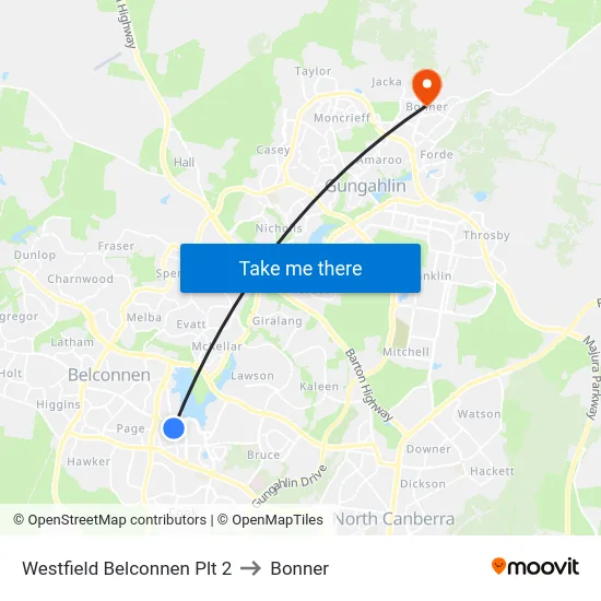 Westfield Belconnen Plt 2 to Bonner map