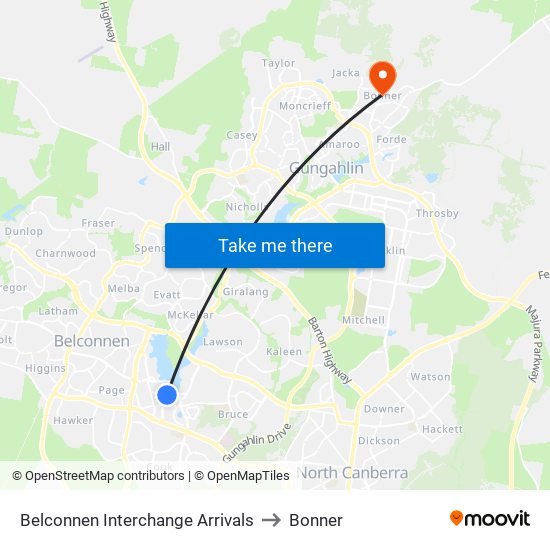 Belconnen Interchange Arrivals to Bonner map