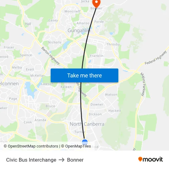 Civic Bus Interchange to Bonner map