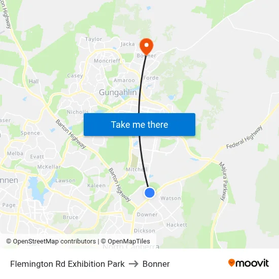 Flemington Rd Exhibition Park to Bonner map
