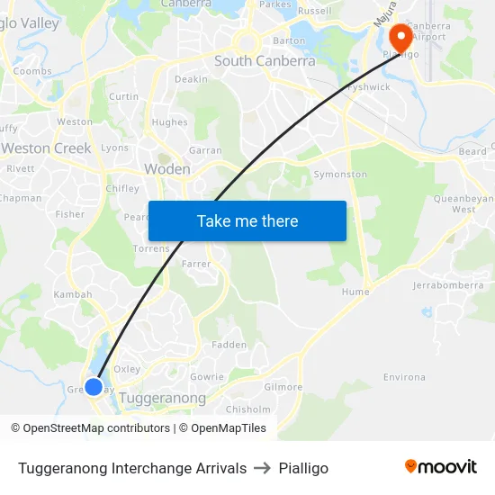 Tuggeranong Interchange Arrivals to Pialligo map