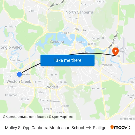 Mulley St Opp Canberra Montessori School to Pialligo map
