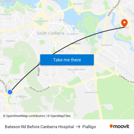 Bateson Rd Before Canberra Hospital to Pialligo map