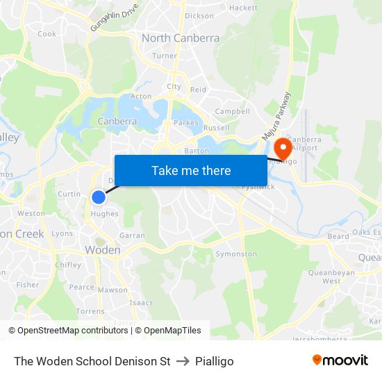 The Woden School Denison St to Pialligo map