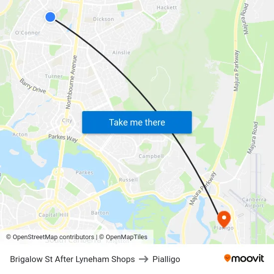 Brigalow St After Lyneham Shops to Pialligo map