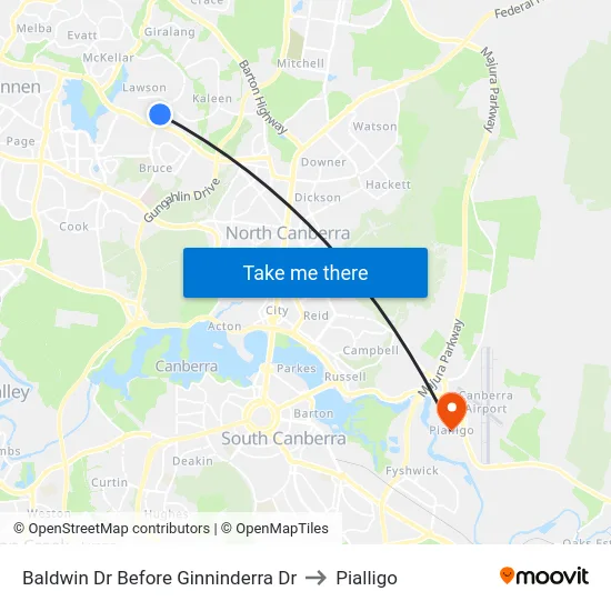 Baldwin Dr Before Ginninderra Dr to Pialligo map