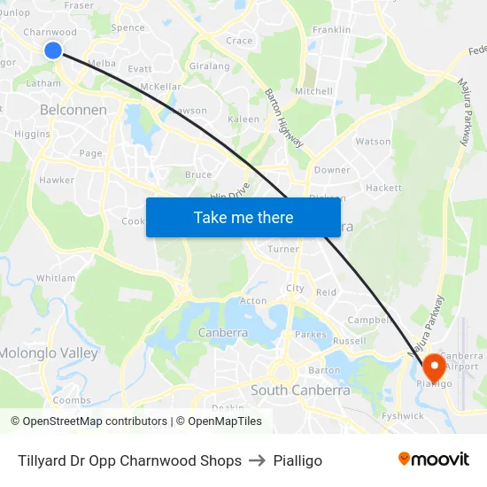 Tillyard Dr Opp Charnwood Shops to Pialligo map