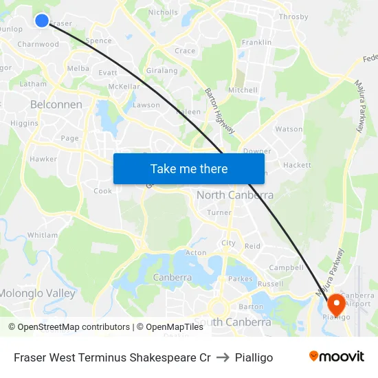 Fraser West Terminus Shakespeare Cr to Pialligo map