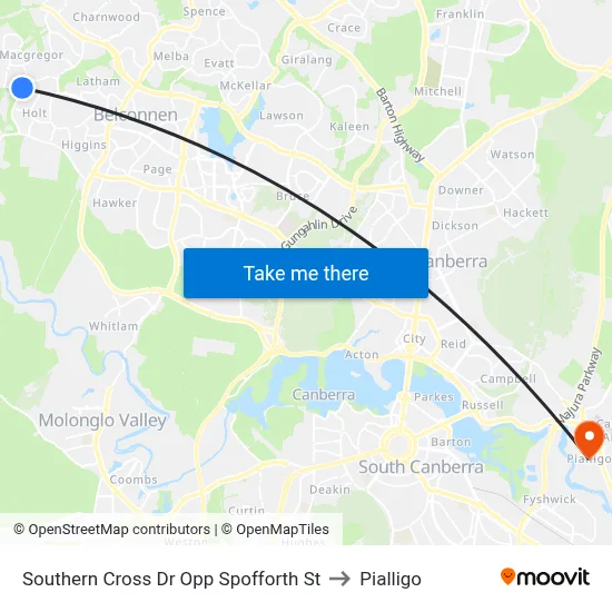 Southern Cross Dr Opp Spofforth St to Pialligo map