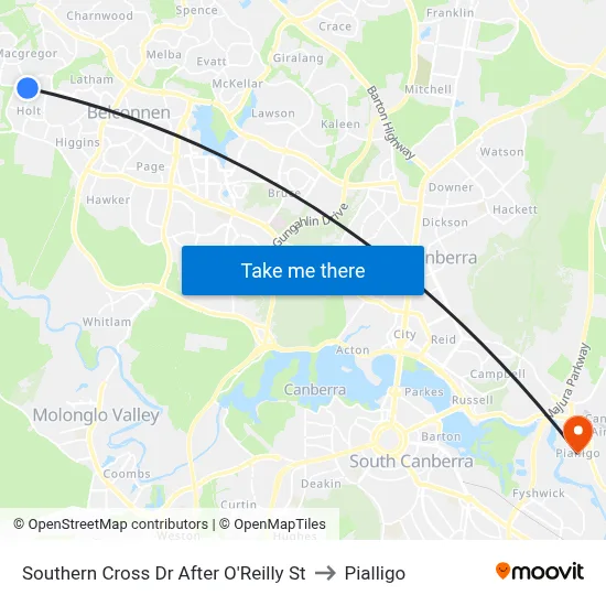 Southern Cross Dr After O'Reilly St to Pialligo map