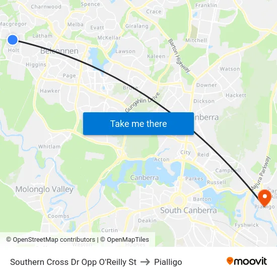 Southern Cross Dr Opp O'Reilly St to Pialligo map
