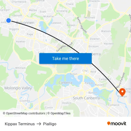 Kippax Terminus to Pialligo map