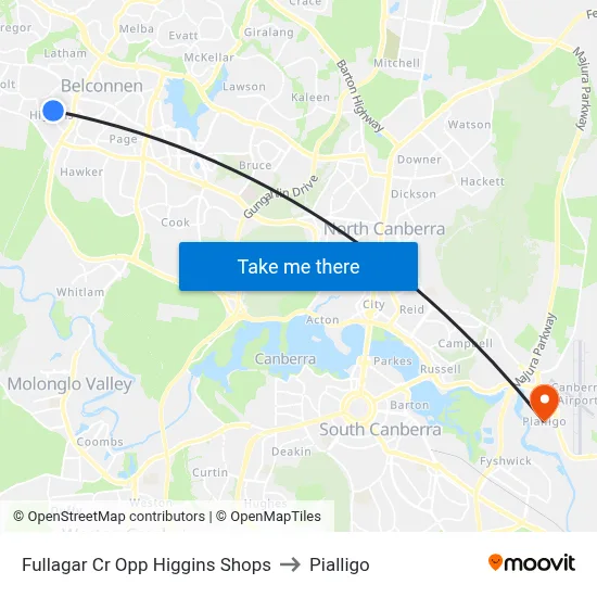 Fullagar Cr Opp Higgins Shops to Pialligo map