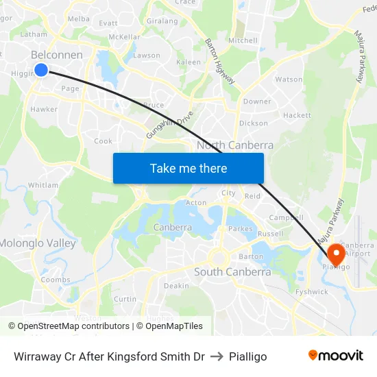 Wirraway Cr After Kingsford Smith Dr to Pialligo map