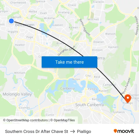 Southern Cross Dr After Chave St to Pialligo map