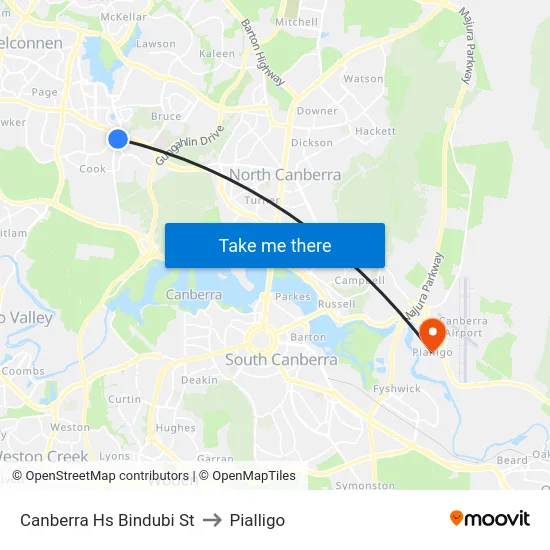 Canberra Hs Bindubi St to Pialligo map