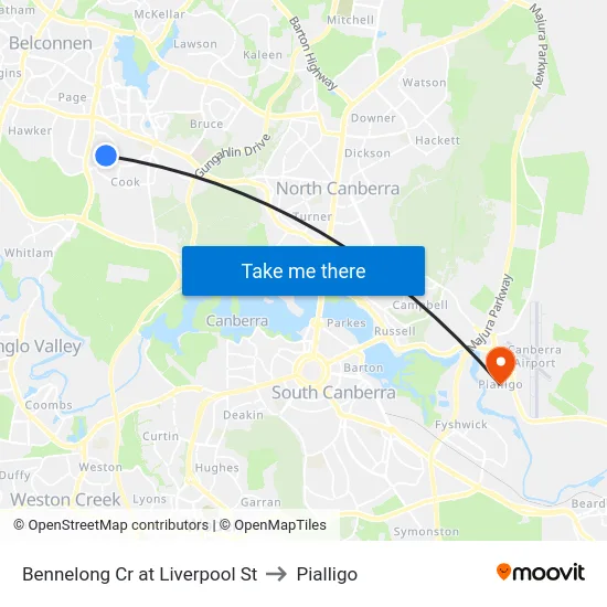 Bennelong Cr at Liverpool St to Pialligo map