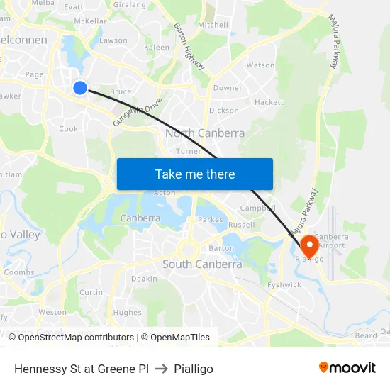Hennessy St at Greene Pl to Pialligo map