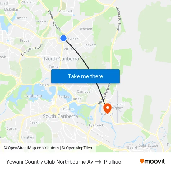 Yowani Country Club Northbourne Av to Pialligo map