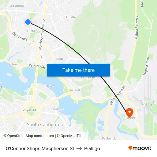 O'Connor Shops Macpherson St to Pialligo map