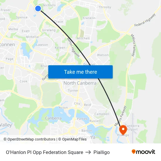 O'Hanlon Pl Opp Federation Square to Pialligo map