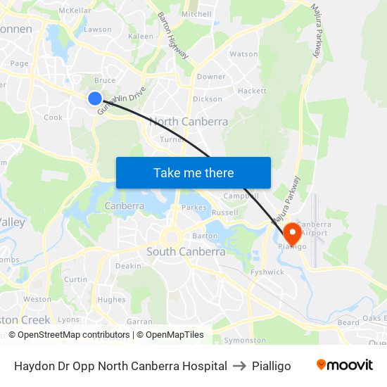 Haydon Dr Opp North Canberra Hospital to Pialligo map