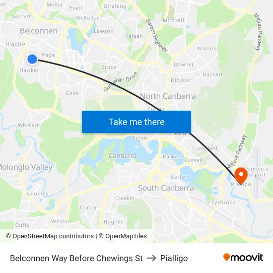 Belconnen Way Before Chewings St to Pialligo map
