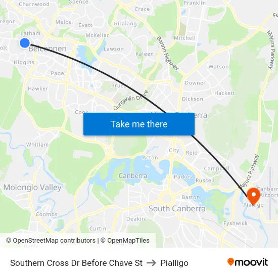 Southern Cross Dr Before Chave St to Pialligo map