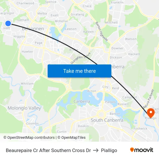 Beaurepaire Cr After Southern Cross Dr to Pialligo map