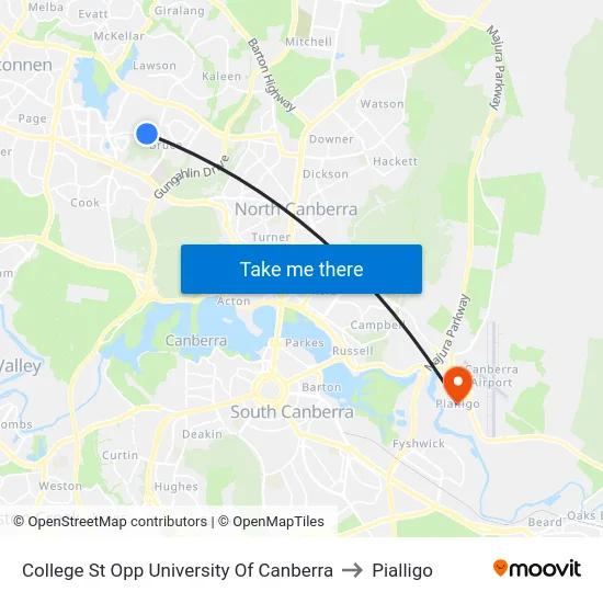 College St Opp University Of Canberra to Pialligo map