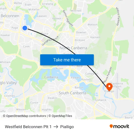 Westfield Belconnen Plt 1 to Pialligo map