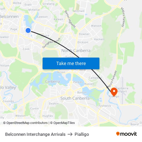 Belconnen Interchange Arrivals to Pialligo map