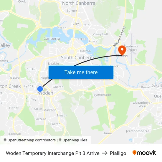 Woden Temporary Interchange Plt 3 Arrive to Pialligo map