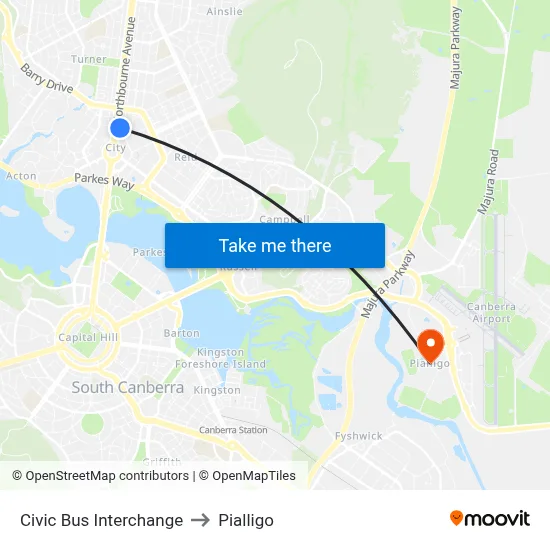 Civic Bus Interchange to Pialligo map