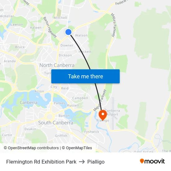 Flemington Rd Exhibition Park to Pialligo map