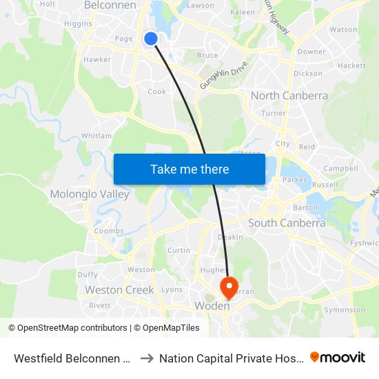 Westfield Belconnen Plt 2 to Nation Capital Private Hospital map