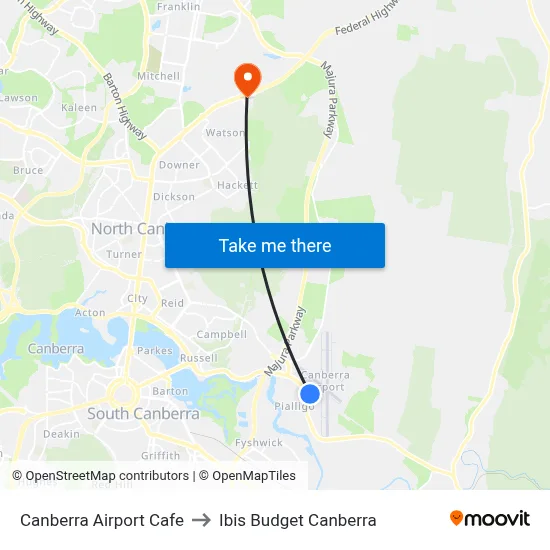 Canberra Airport Cafe to Ibis Budget Canberra map
