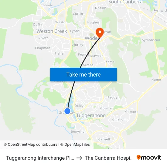 Tuggeranong Interchange Plt 4 to The Canberra Hospital map