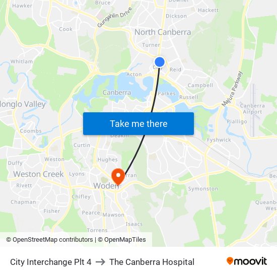 City Interchange Plt 4 to The Canberra Hospital map