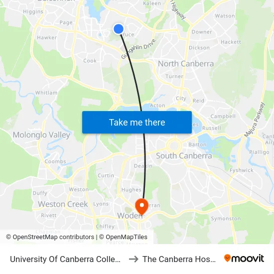University Of Canberra College St to The Canberra Hospital map