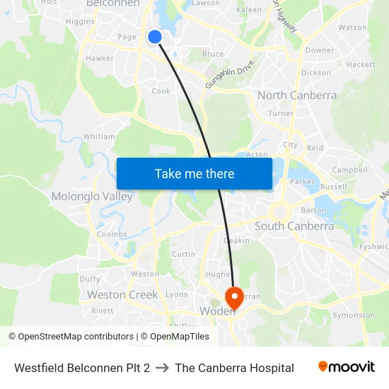 Westfield Belconnen Plt 2 to The Canberra Hospital map