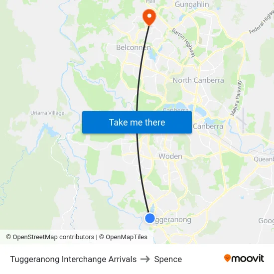 Tuggeranong Interchange Arrivals to Spence map
