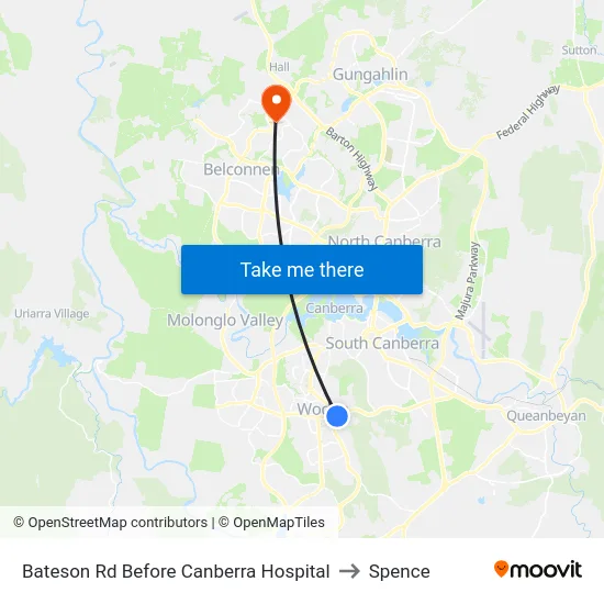 Bateson Rd Before Canberra Hospital to Spence map