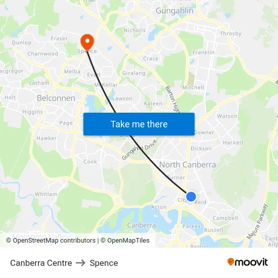 Canberra Centre to Spence map