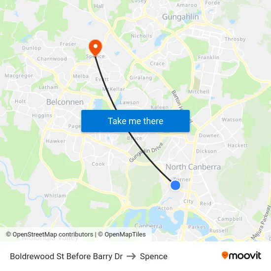 Boldrewood St Before Barry Dr to Spence map