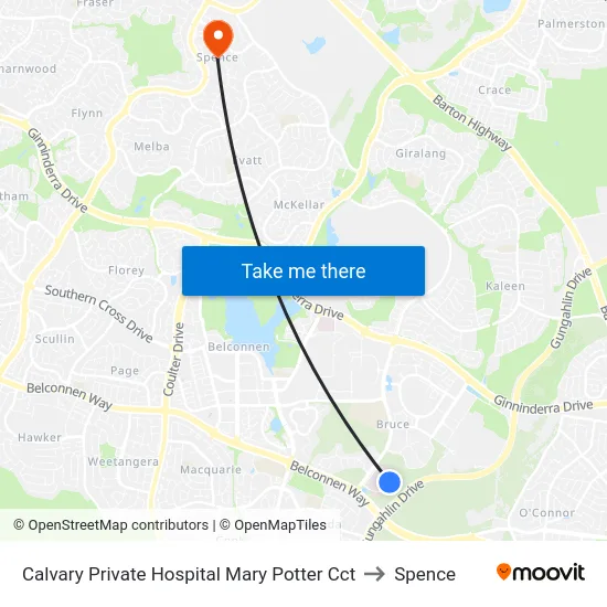Calvary Private Hospital Mary Potter Cct to Spence map
