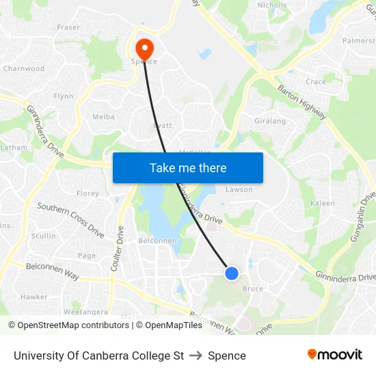 University Of Canberra College St to Spence map