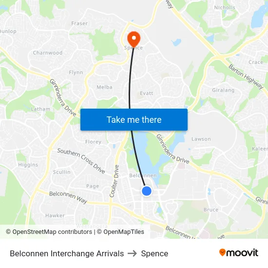 Belconnen Interchange Arrivals to Spence map